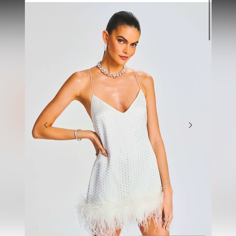 Retrofete White Feather-Trim Mini Dress